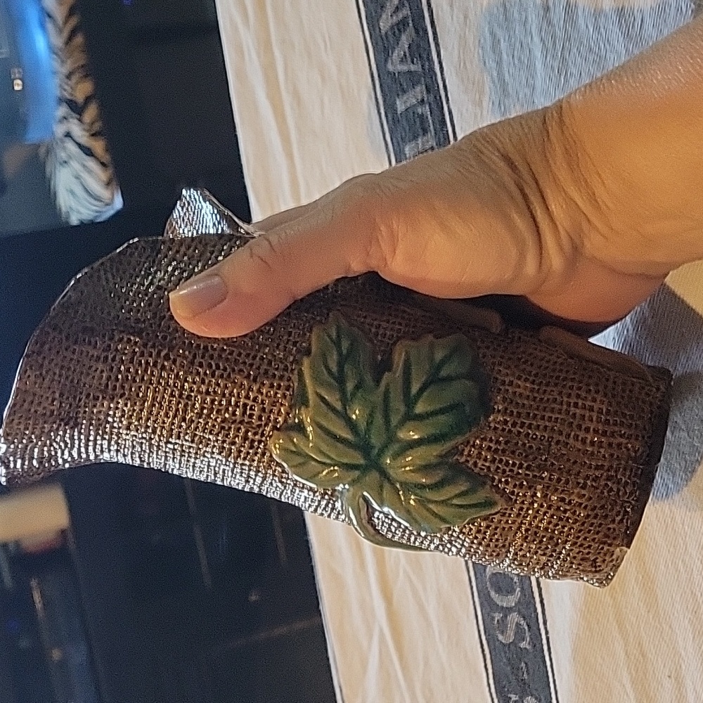 Handmade Vase,Majolica, Folk Art, EUC, burlap/ leaves